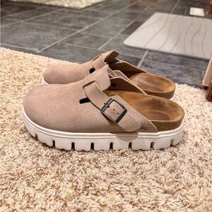 Papillio Platform Tan Suede Mules with White Soles